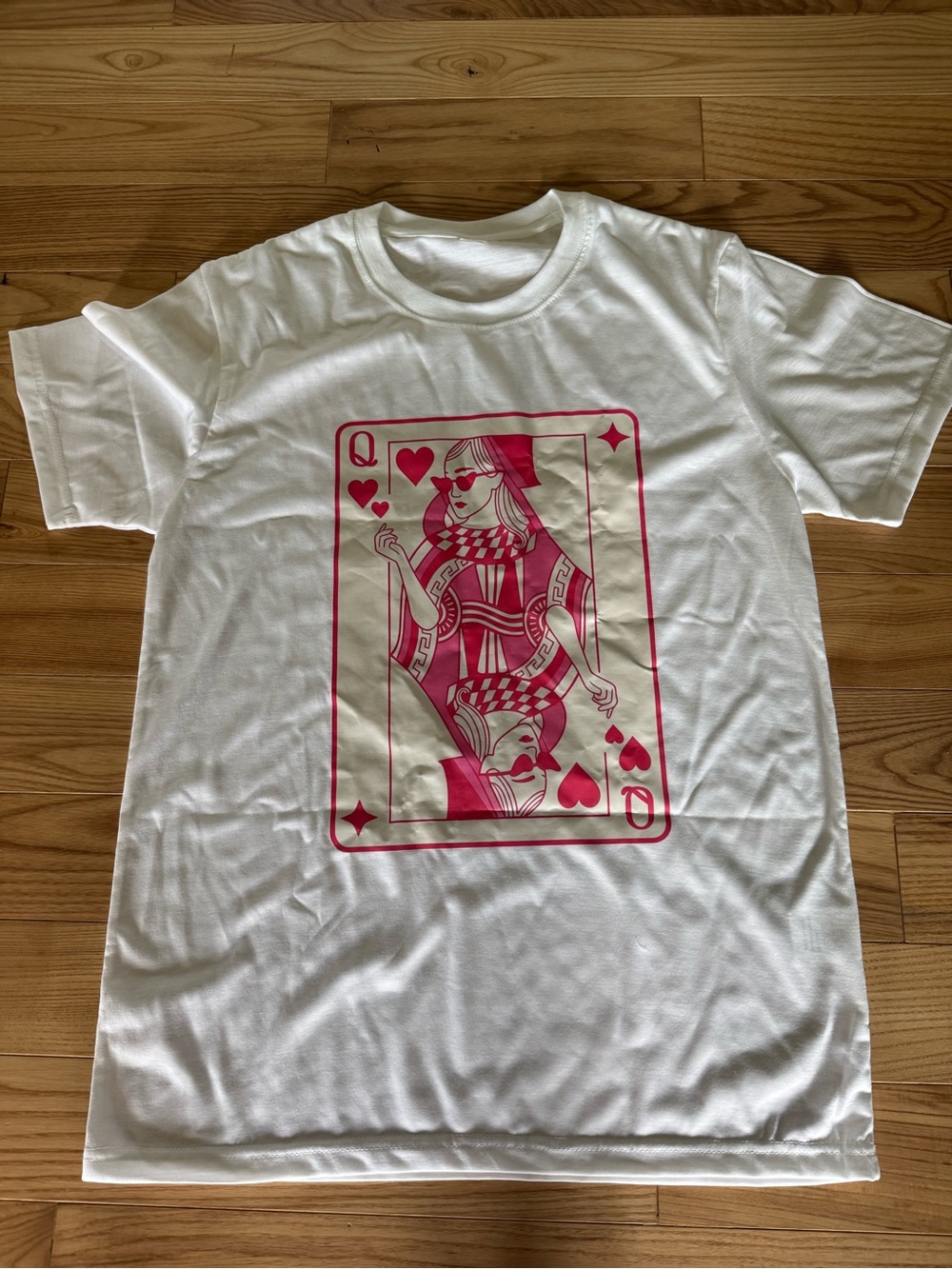 White Short-Sleeve Tee with Pink Queen of Hearts Graphic